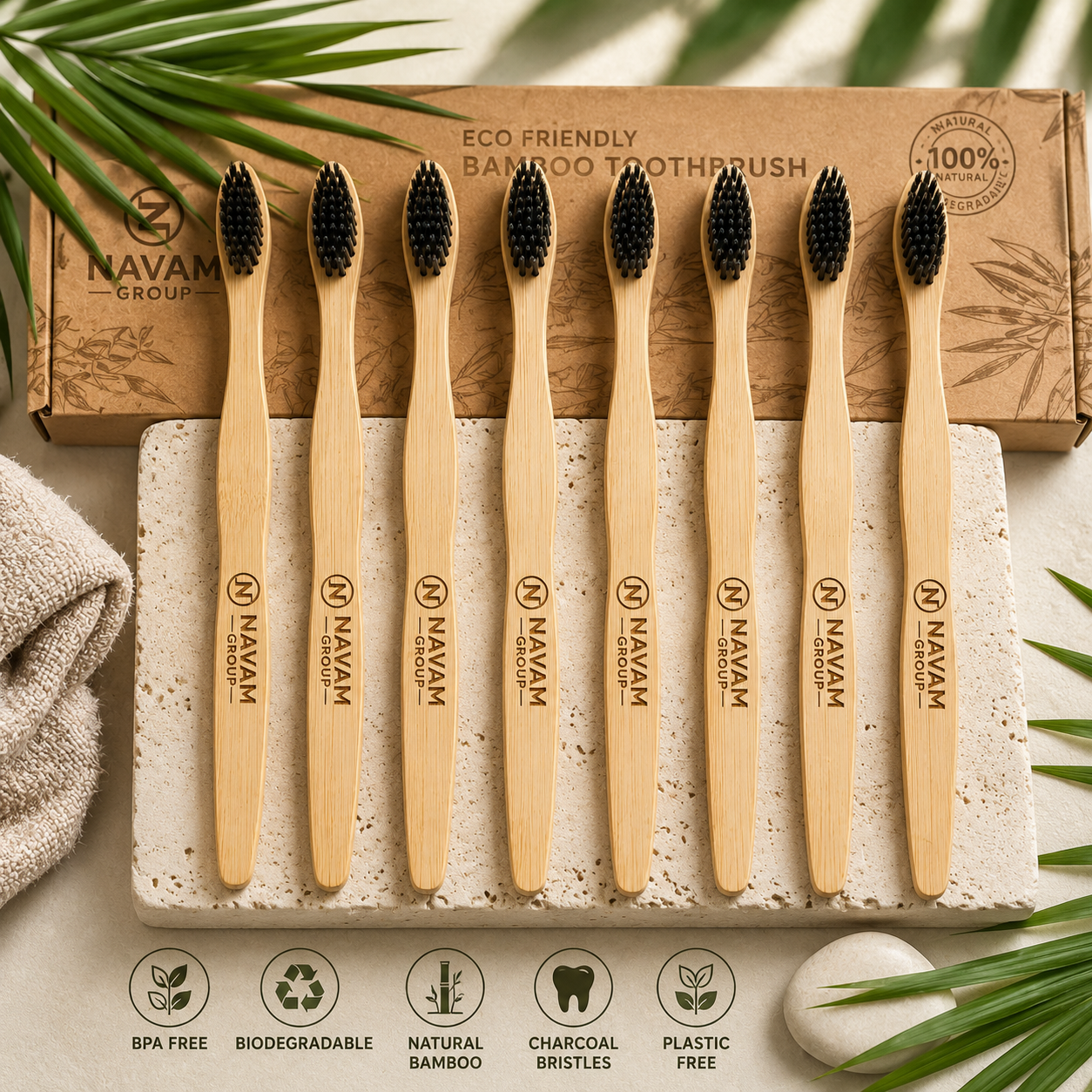 Navam Group Eco-Friendly Bamboo Toothbrush | 100% Biodegradable &amp; Charcoal Soft Bristles pack off 8