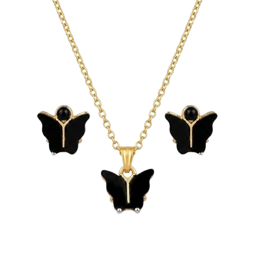 Gold Plated Black Butterfly Jewelry Set for Women – Enamel Butterfly Pendant Link Chain Necklace and Matching Small Stud Earrings 2-Piece Set