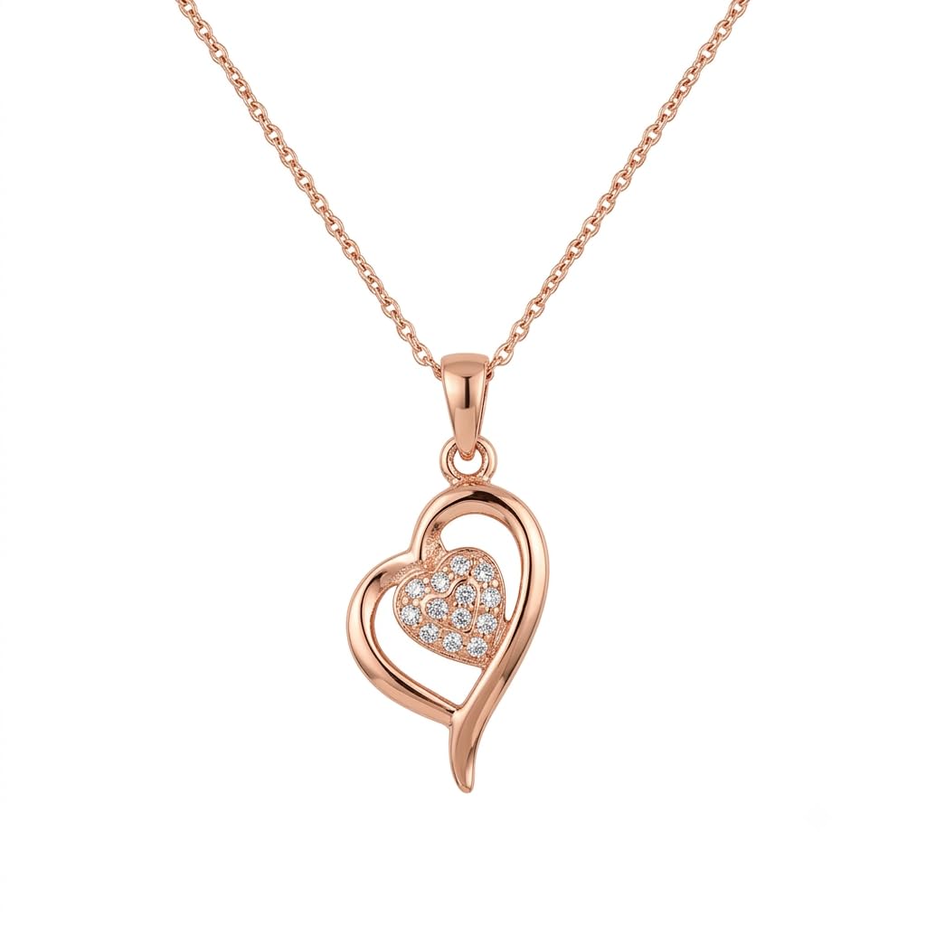 Rose Gold Plated Double Heart Pendant Necklace with Pave-Set CZ Crystals | Romantic Heart-in-Heart Jewelry Gift for Women, Anniversary, Birthday, Valentine&amp;amp;amp;amp;amp;#039;s Day